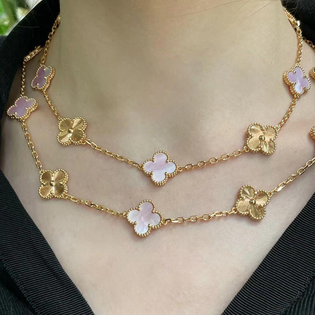 [Love's Uplift]CLOVER 20 MOTIFS LASER PINK MOP NECKLACE