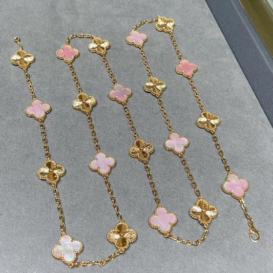 [Love's Uplift]CLOVER 20 MOTIFS LASER PINK MOP NECKLACE