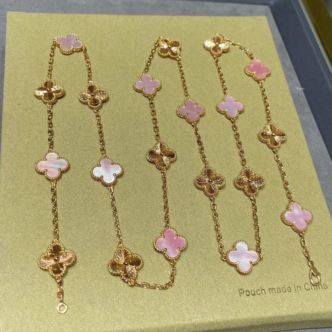 [Love's Uplift]CLOVER 20 MOTIFS LASER PINK MOP NECKLACE