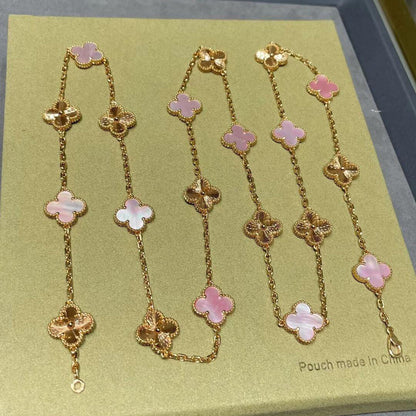 [Love's Uplift]CLOVER 20 MOTIFS LASER PINK MOP NECKLACE