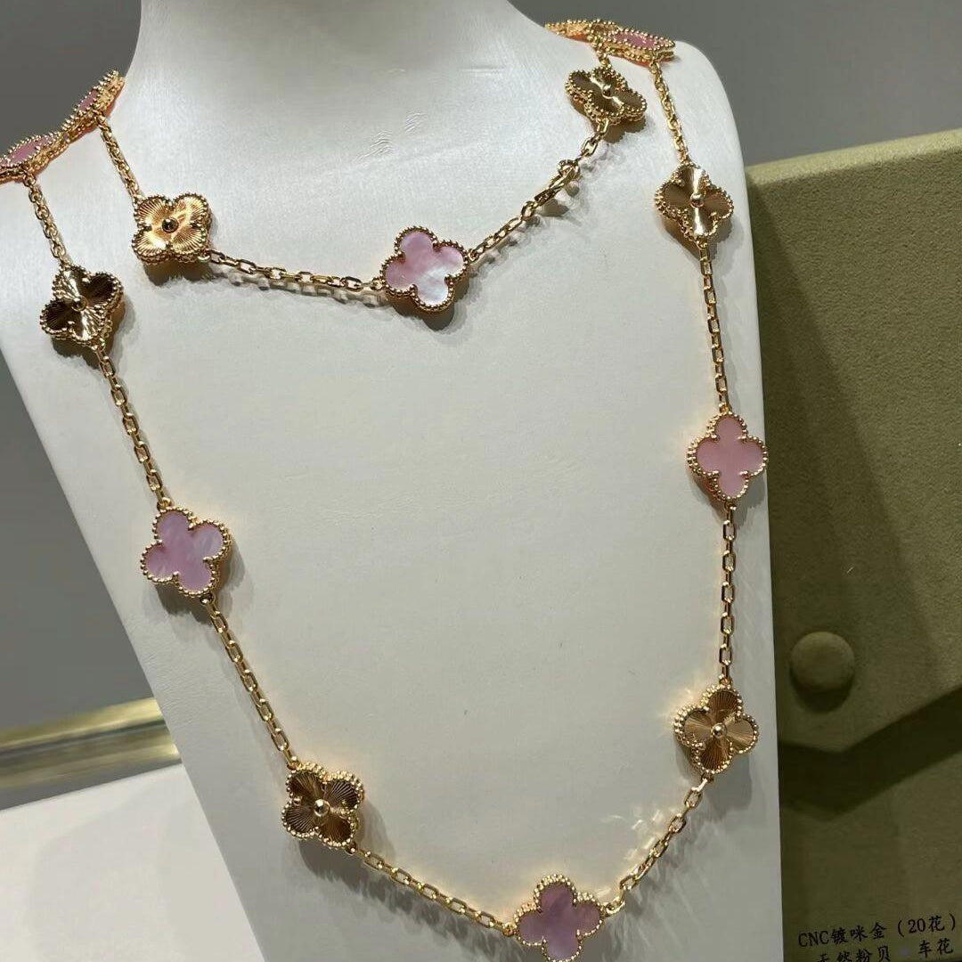 [Love's Uplift]CLOVER 20 MOTIFS LASER PINK MOP NECKLACE