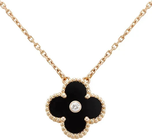 [Love's Uplift]CLOVER 15MM DIAMOND ONYX NECKLACE