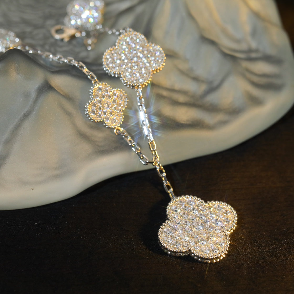 [Love's Uplift]CLOVER BRACELET 5 MOTIF SILVER DIAMOND PAVED