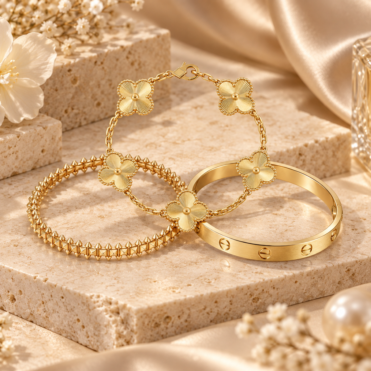 [Love's Uplift] CLASH & Clover Laser 5-Motif & LOVE Brushed Bracelet Stack Set