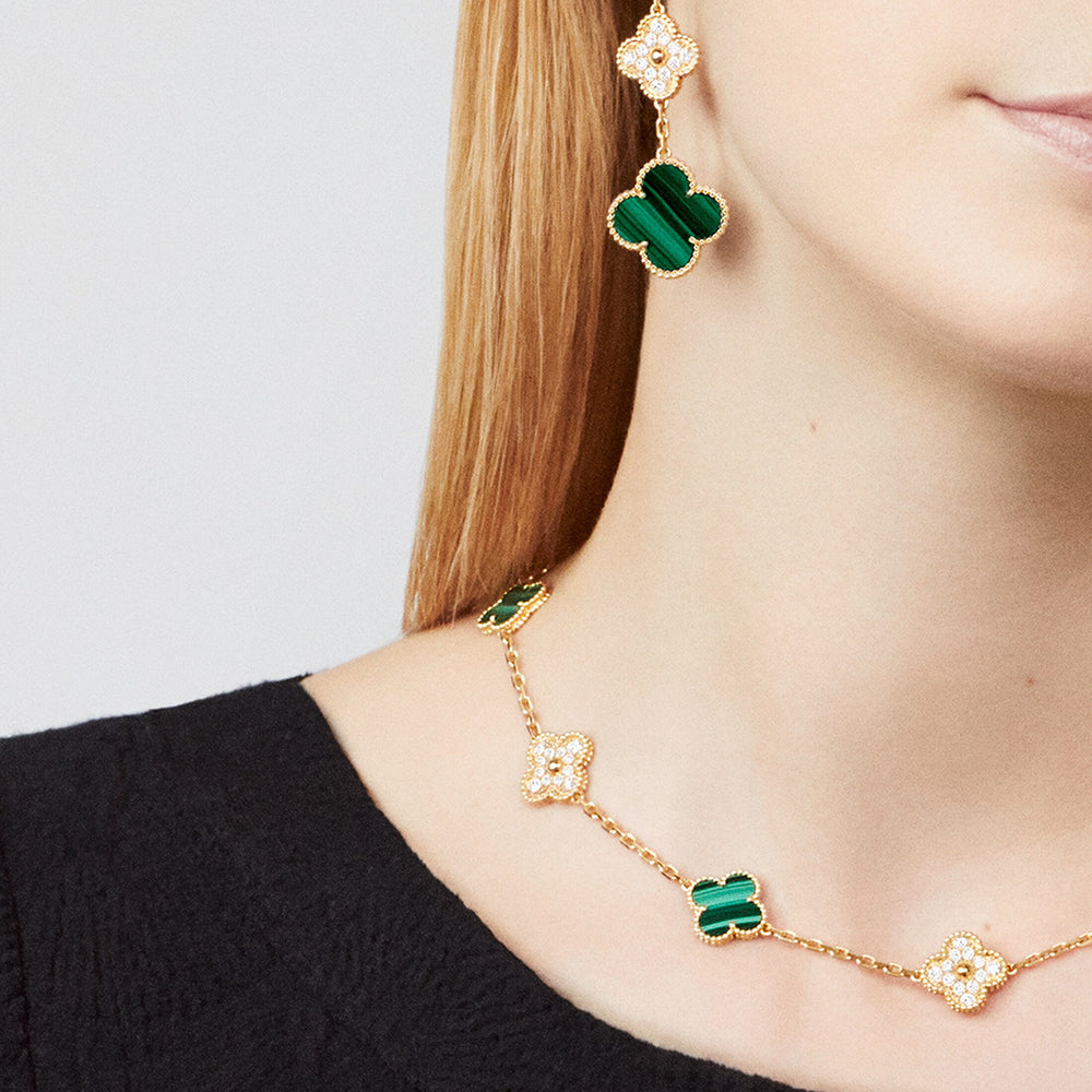 [Love's Uplift]CLOVER 10 MOTIFS MALACHITE DIAMOND NECKLACE