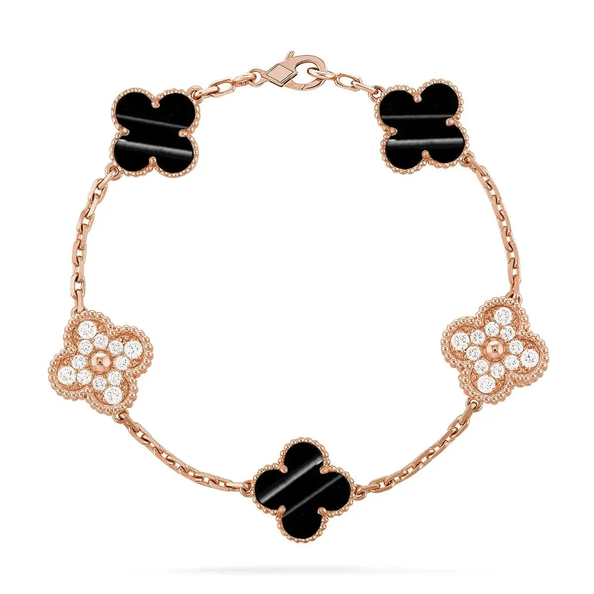 [Love's Uplift]Clover Laser  Pulsar Stone 5-Motif & LOVE Diamond-Paved Bracelet Stack Set