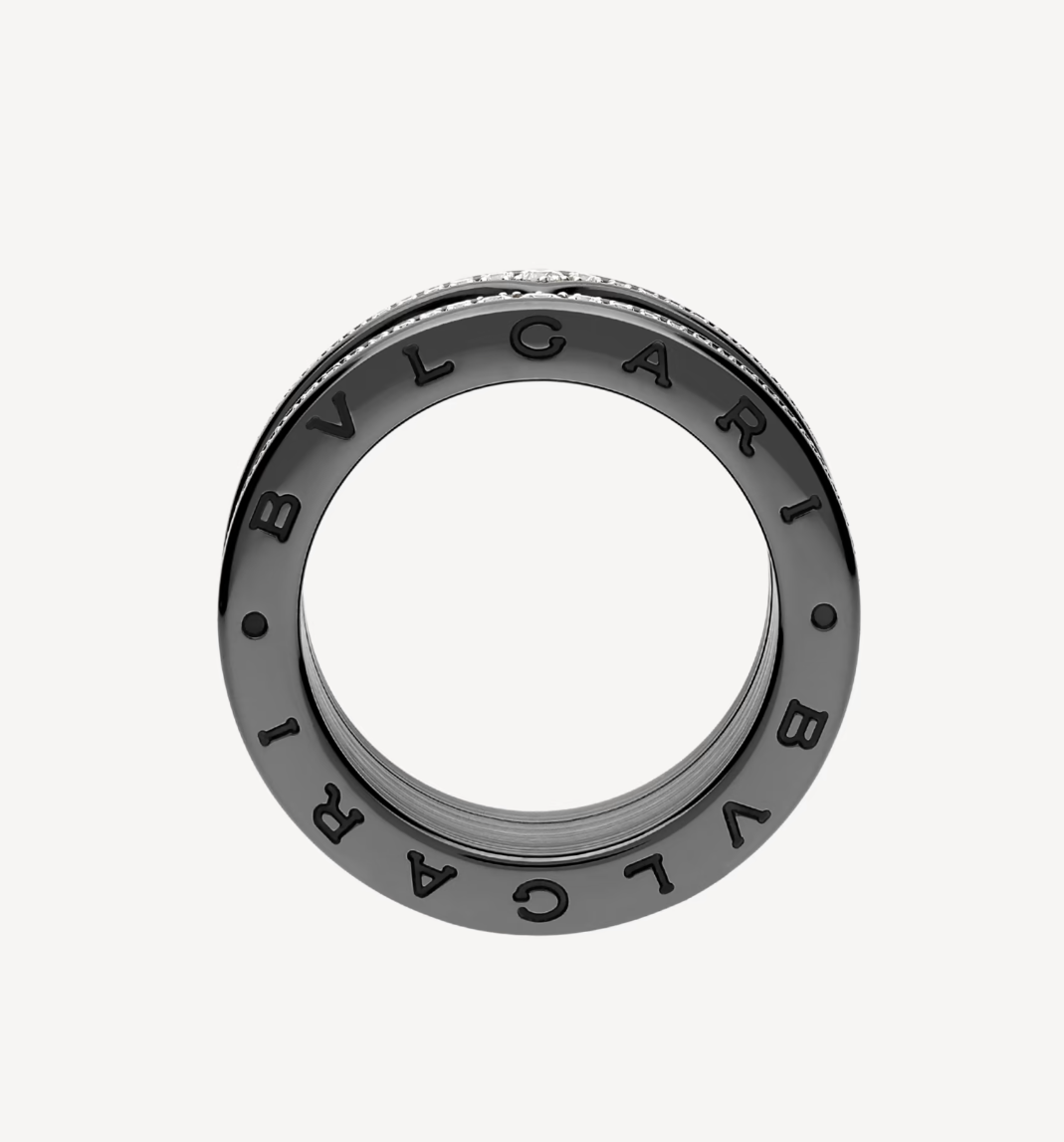 [Love's Uplift]ZERO 1 ROCK FOUR-BAND BLACK CERAMIC WITH STUDDED SPIRAL AND PAVED DIAMONDS RING