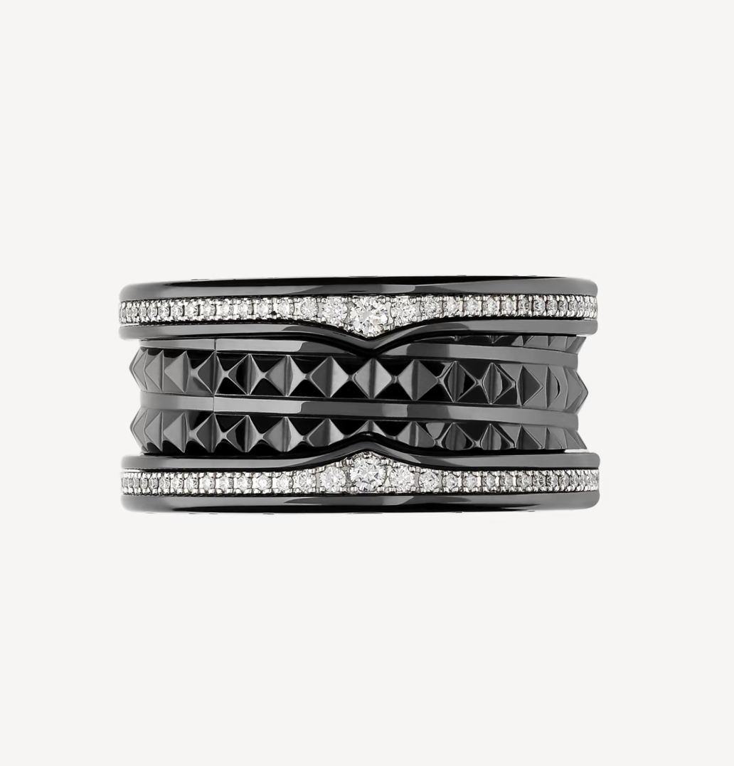 [Love's Uplift]ZERO 1 ROCK FOUR-BAND BLACK CERAMIC WITH STUDDED SPIRAL AND PAVED DIAMONDS RING