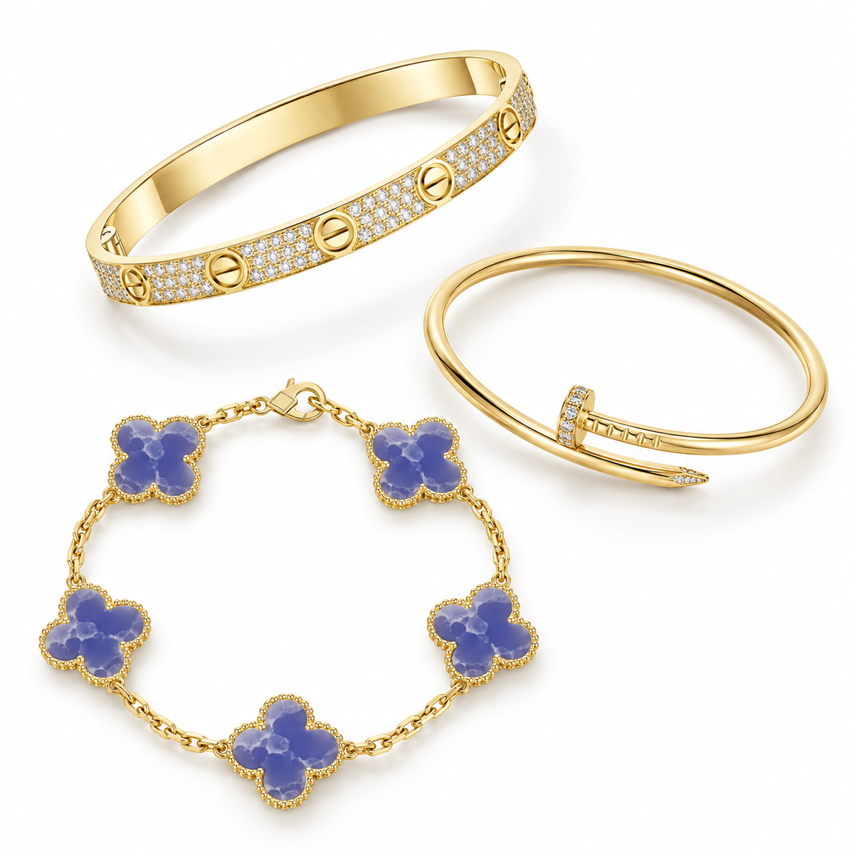 [Love's Uplift] LOVE & JUSTE & Blue Veins Clover 5-Motif Diamond Bracelet Stack Set