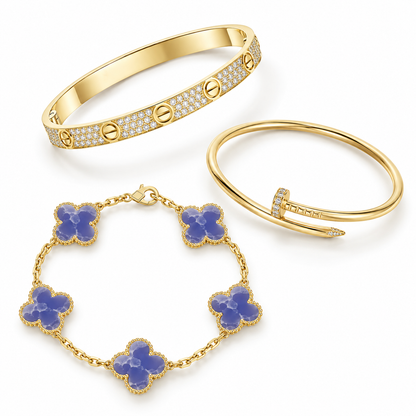 [Love's Uplift] LOVE & JUSTE & Blue Veins Clover 5-Motif Diamond Bracelet Stack Set
