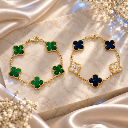 [Love's Uplift]Clover 5-Motif Malachite & Pietersite Bracelet Stack Set