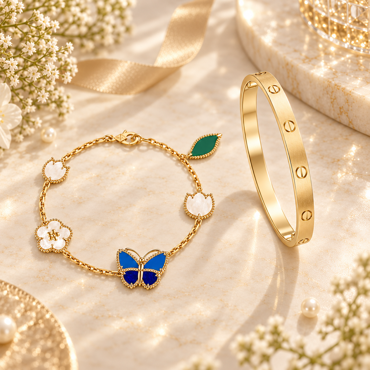 [Love's Uplift] LOVE Brushed & Lucky Spring Butterfly 5-Motif Bracelet Stack Set