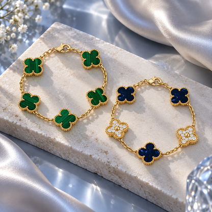 [Love's Uplift]Clover 5-Motif Malachite & Pietersite Bracelet Stack Set