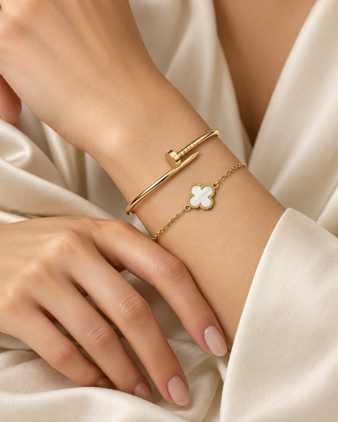 [Love's Uplift] Clover White Mother-of-Pearl & JUSTE Bracelet Stack Set