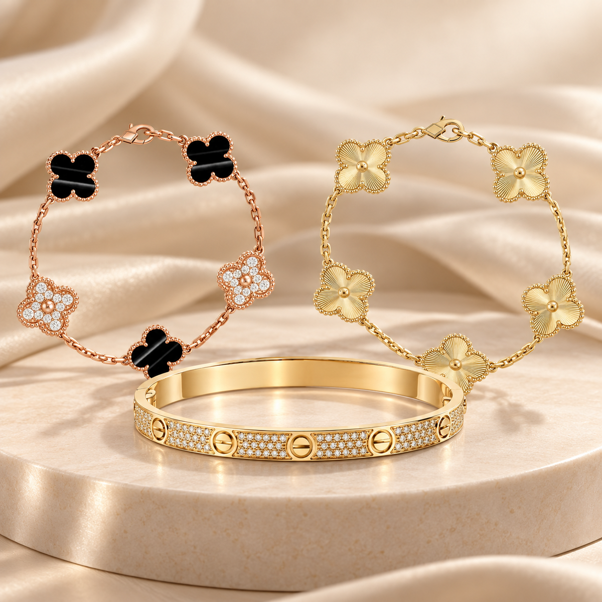 [Love's Uplift]Clover Laser  Pulsar Stone 5-Motif & LOVE Diamond-Paved Bracelet Stack Set