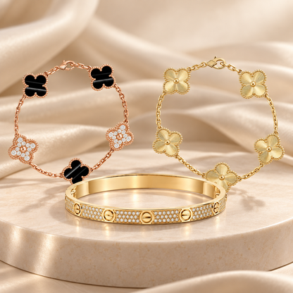 [Love's Uplift]Clover Laser  Pulsar Stone 5-Motif & LOVE Diamond-Paved Bracelet Stack Set