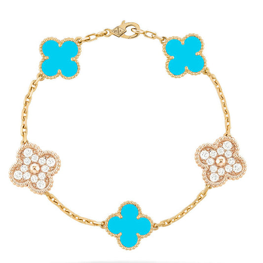 [Love's Uplift]CLOVER 5 MOTIF TURQUOISE DIAMOND GOLD BRACELET