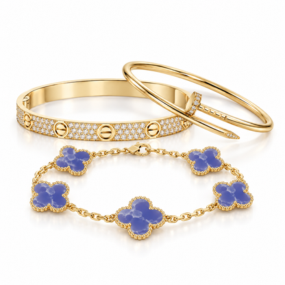 [Love's Uplift] LOVE & JUSTE & Blue Veins Clover 5-Motif Diamond Bracelet Stack Set