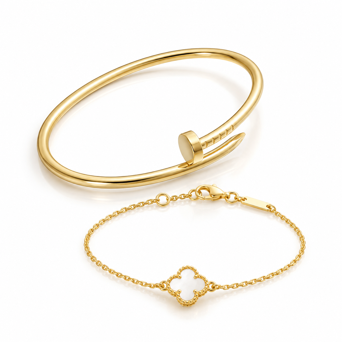 [Love's Uplift] Clover White Mother-of-Pearl & JUSTE Bracelet Stack Set