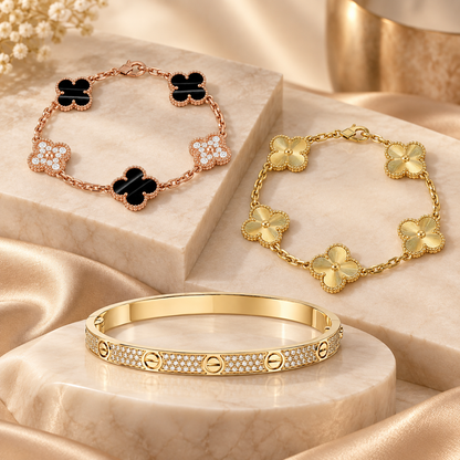 [Love's Uplift]Clover Laser  Pulsar Stone 5-Motif & LOVE Diamond-Paved Bracelet Stack Set