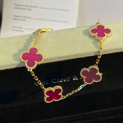 [Love's Uplift]CLOVER 5 MOTIFS PINK ENAMEL BRACELET