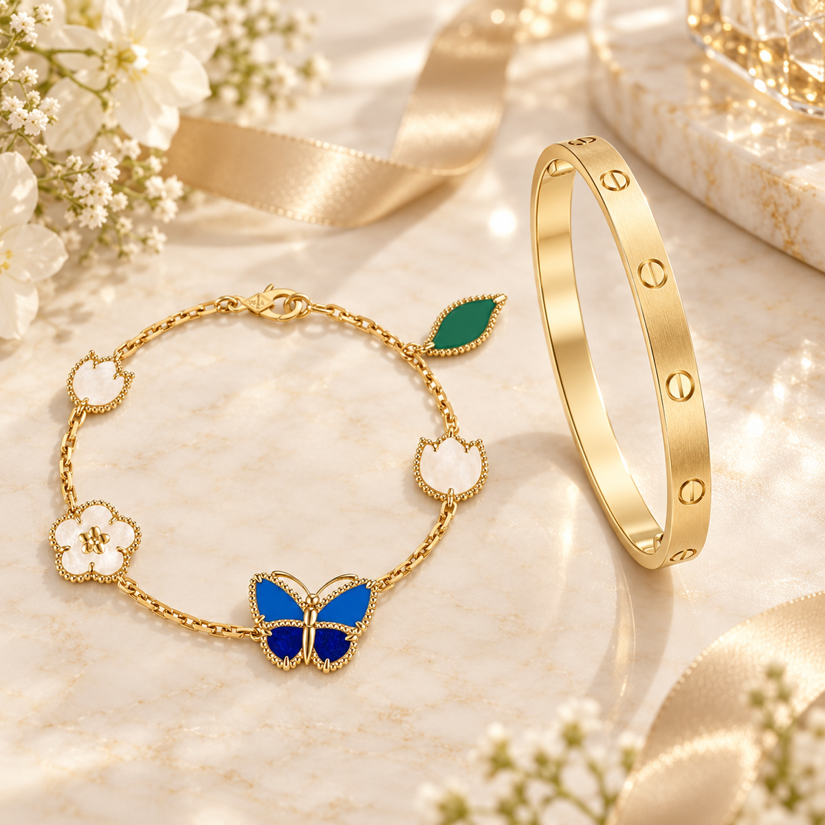 [Love's Uplift] LOVE Brushed & Lucky Spring Butterfly 5-Motif Bracelet Stack Set