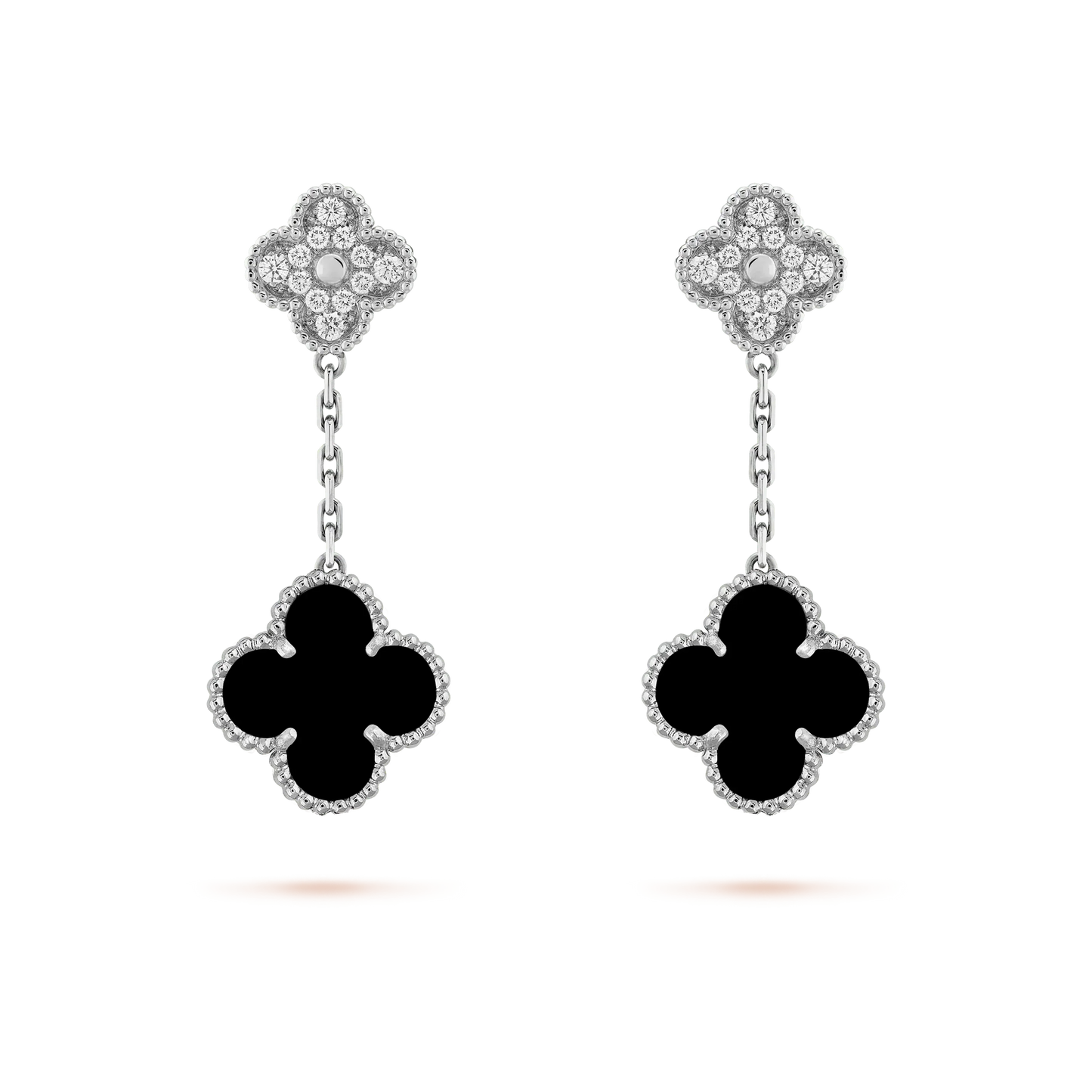 [Love's Uplift]CLOVER 2 MOTIFS  DIAMOND ONYX EARRINGS SILVER