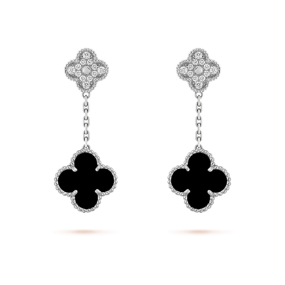 [Love's Uplift]CLOVER 2 MOTIFS  DIAMOND ONYX EARRINGS SILVER