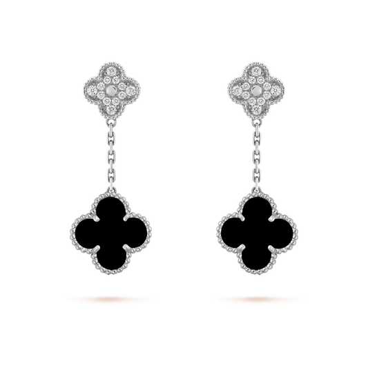 [Love's Uplift]CLOVER 2 MOTIFS  DIAMOND ONYX EARRINGS SILVER