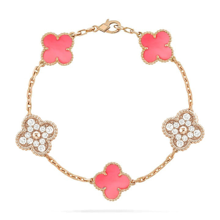 [Love's Uplift]CLOVER 5 MOTIF DIAMOND PINK MOP PINK GOLD BRACELET