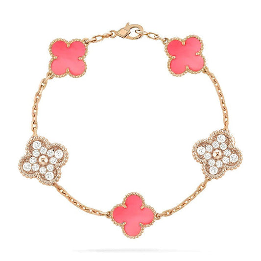[Love's Uplift]CLOVER 5 MOTIF DIAMOND PINK MOP PINK GOLD BRACELET