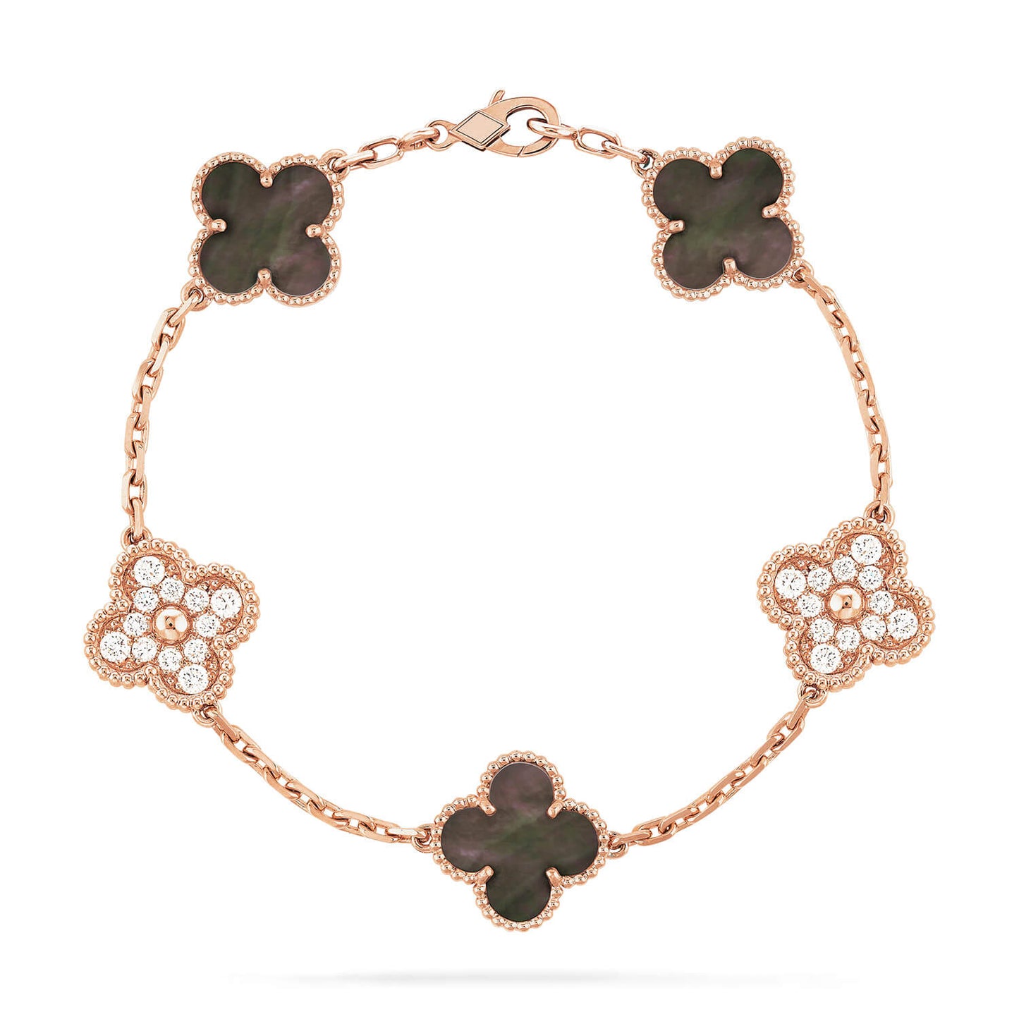 [Love's Uplift]CLOVER 5 MOTIFS DARK MOP AND DIAMONDS PINK GOLD BRACELET