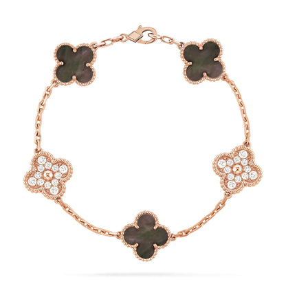 [Love's Uplift]CLOVER 5 MOTIFS DARK MOP AND DIAMONDS PINK GOLD BRACELET