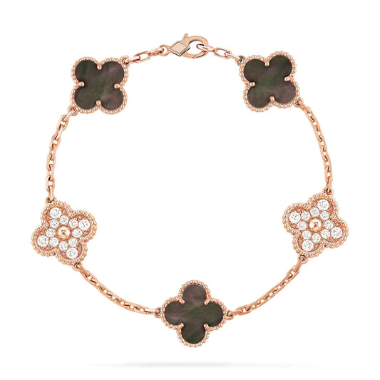 [Love's Uplift]CLOVER 5 MOTIFS DARK MOP AND DIAMONDS PINK GOLD BRACELET