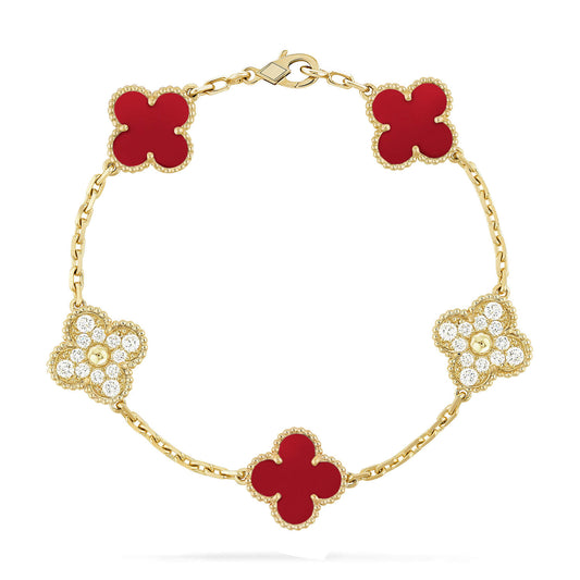 [Love's Uplift]CLOVER 5 MOTIFS CARNELIAN DIAMOND BRACELET
