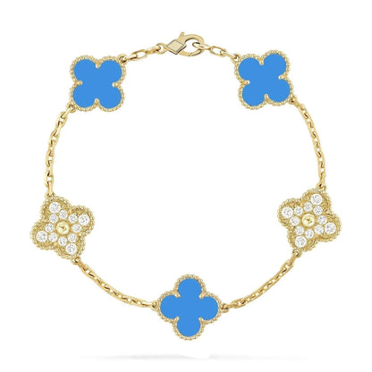 [Love's Uplift]CLOVER 5 MOTIF BLUE CHALCEDONY DIAMOND GOLD BRACELET