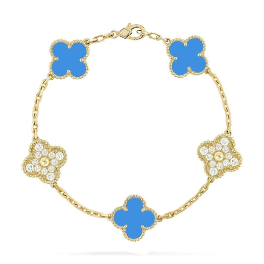 [Love's Uplift]CLOVER 5 MOTIF BLUE CHALCEDONY DIAMOND GOLD BRACELET