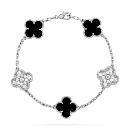[Love's Uplift]CLOVER 5 MOTIF ONYXS DIAMOND BRACELET SILVER
