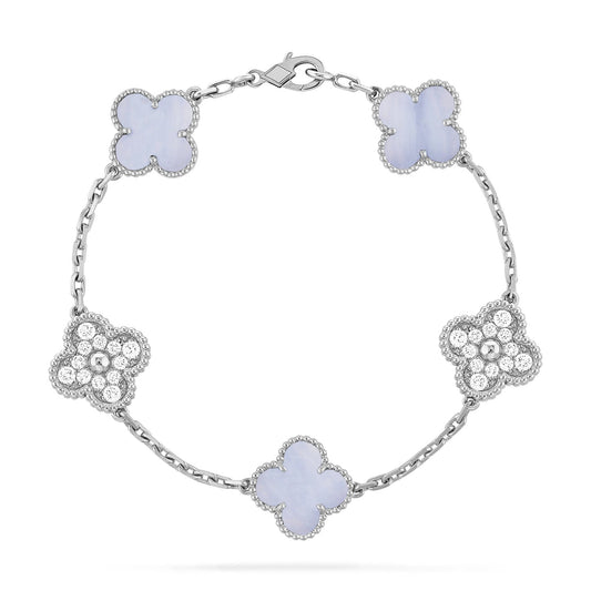 [Love's Uplift]CLOVER  5 MOTIF DIAMOND PURPLE CHALCEDONY BRACELET SILVER