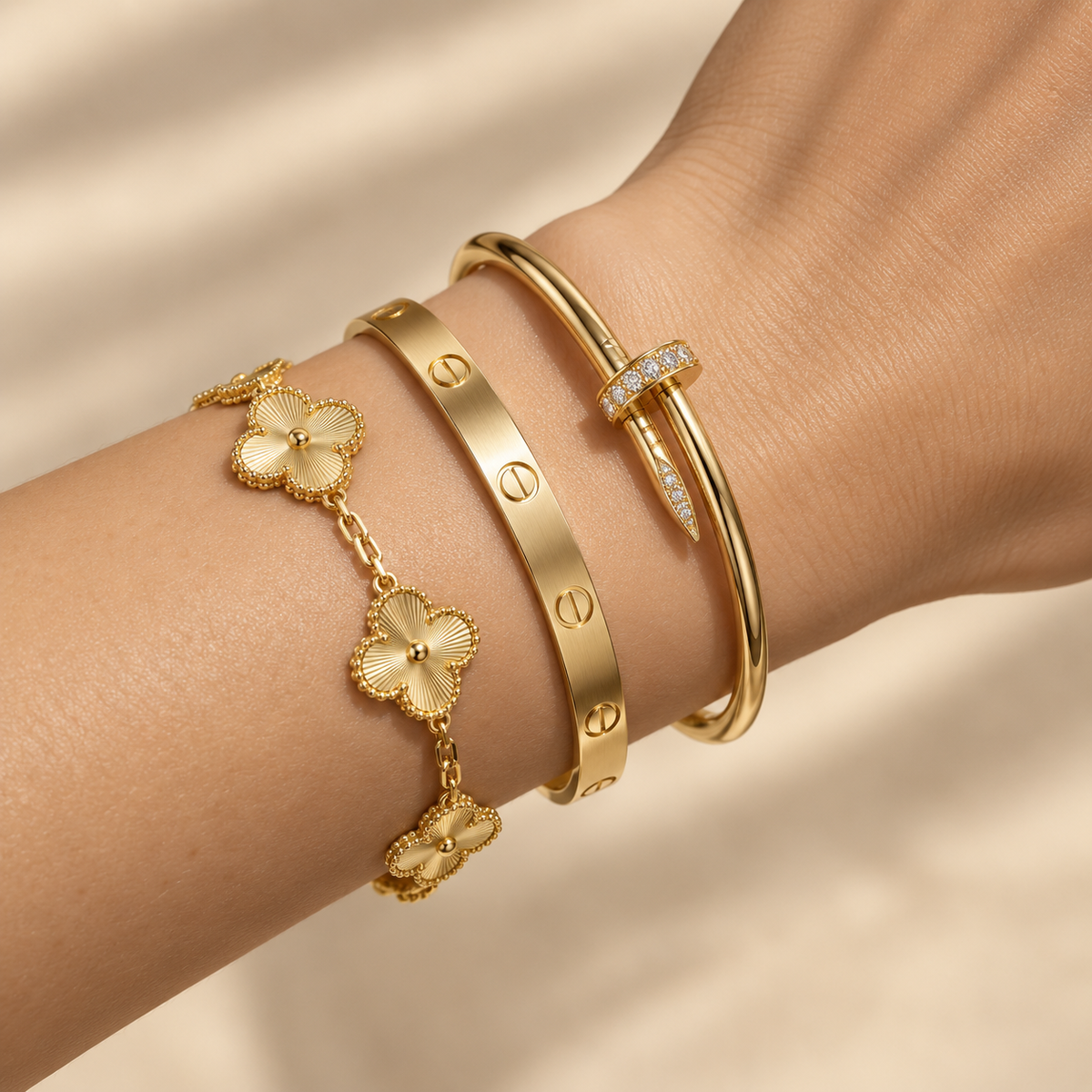 [Love's Uplift] Clover & Love & Juste 3-Piece Gold Bracelet Stack Set