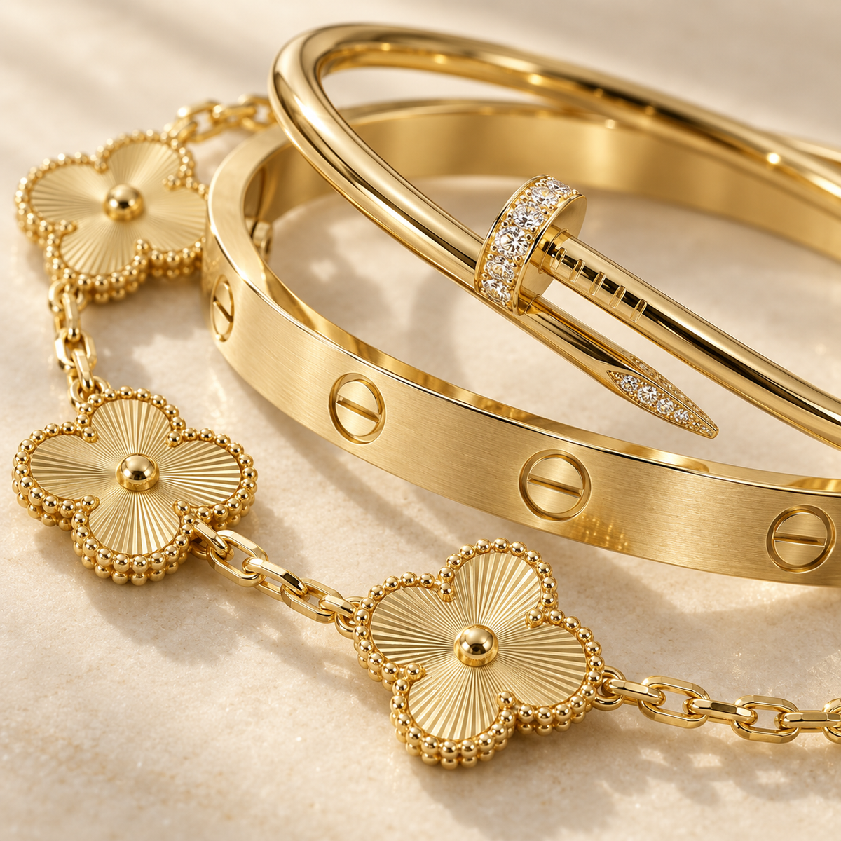 [Love's Uplift] Clover & Love & Juste 3-Piece Gold Bracelet Stack Set
