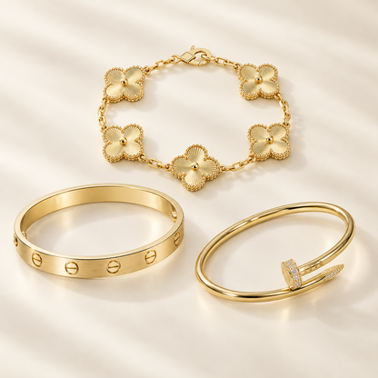[Love's Uplift] Clover & Love & Juste 3-Piece Gold Bracelet Stack Set