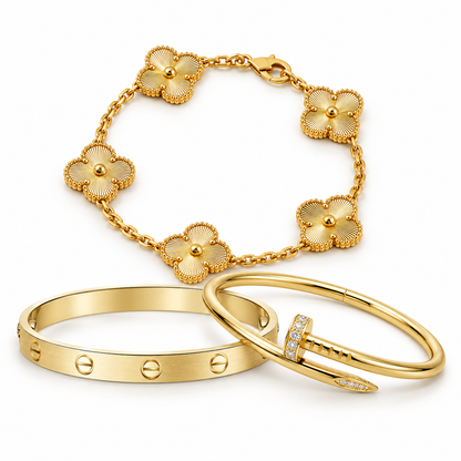 [Love's Uplift] Clover & Love & Juste 3-Piece Gold Bracelet Stack Set