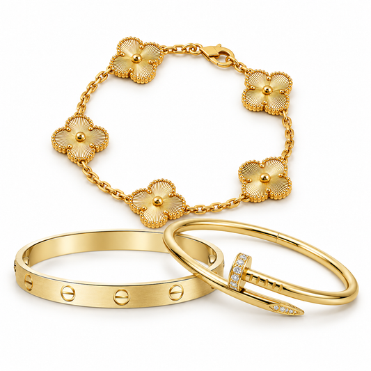 [Love's Uplift] Clover & Love & Juste 3-Piece Gold Bracelet Stack Set