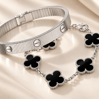 [Love's Uplift]Clover & Love Sliver 2-Piece Bracelet Stack Set