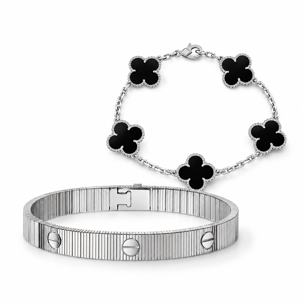 [Love's Uplift]Clover & Love Sliver 2-Piece Bracelet Stack Set