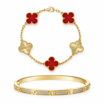 [Love's Uplift]Clover & Love Diamond-Paved Radiant Line 2-Piece Bracelet Stack Set