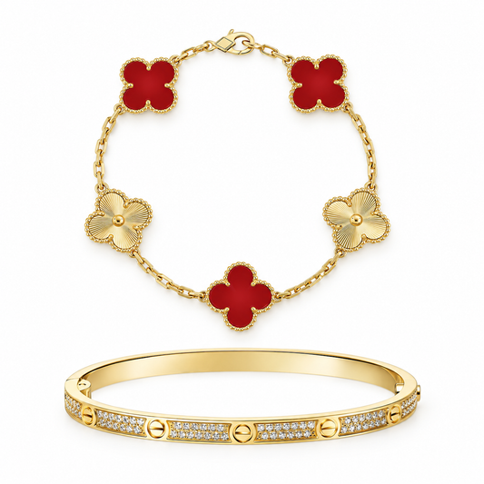 [Love's Uplift]Clover & Love Diamond-Paved Radiant Line 2-Piece Bracelet Stack Set