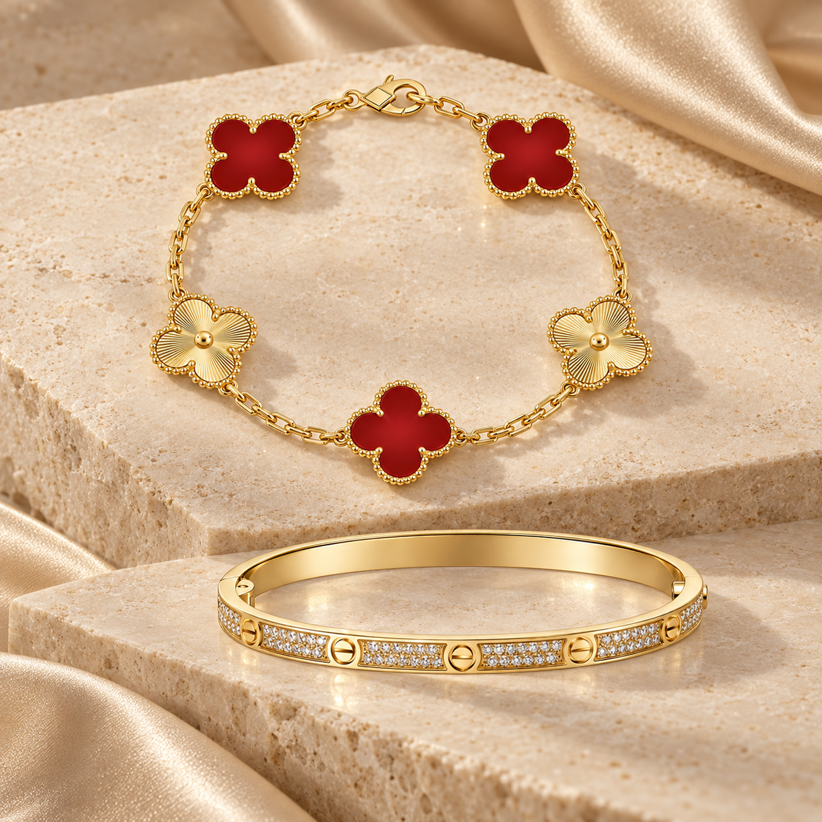 [Love's Uplift]Clover & Love Diamond-Paved Radiant Line 2-Piece Bracelet Stack Set