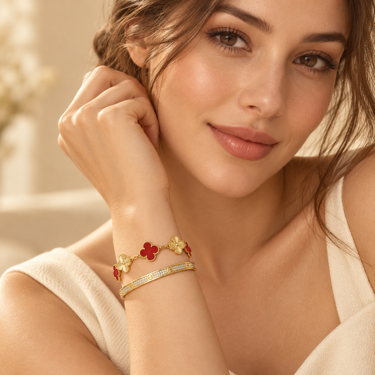 [Love's Uplift]Clover & Love Diamond-Paved Radiant Line 2-Piece Bracelet Stack Set